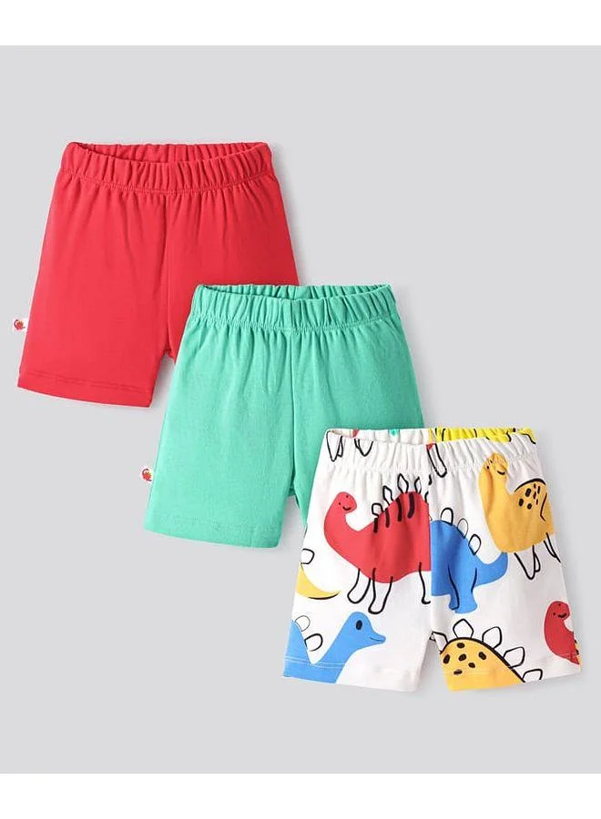 Bonfino Bonfino 100% Cotton Knit Above Knee Length Shorts With Solid Colour & Dino Print Pack of 3 - Red Green & White