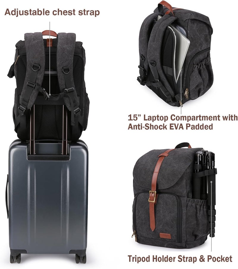 Waterproof Camera Backpack for DSLR and Laptop with Tripod Holder - Black - Image 5