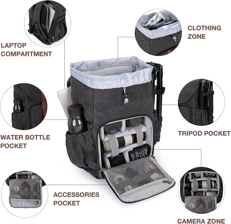Waterproof Camera Backpack for DSLR and Laptop with Tripod Holder - Black - Image 2