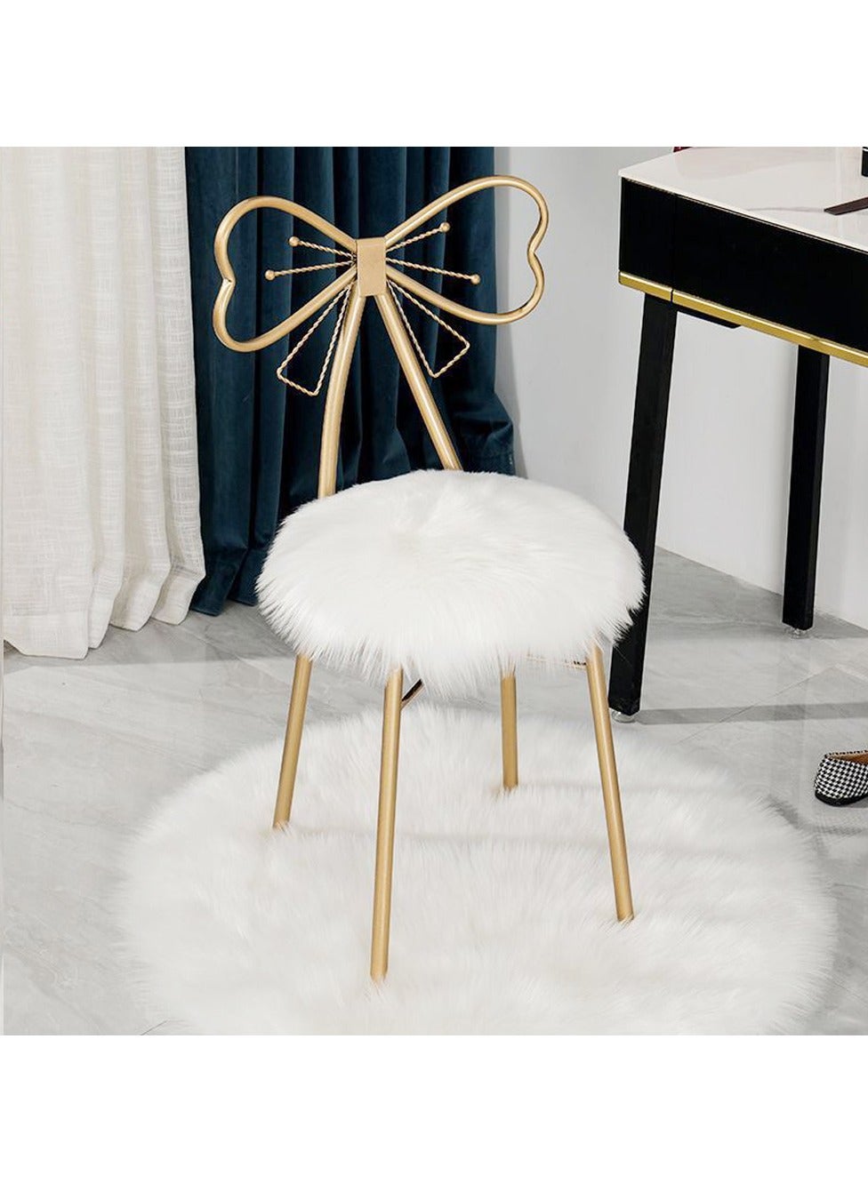 Metal Vanity Chair Fur Cushioned Padded Seat Makeup Dressing Stool Bench with Butterfly Backrest Child Dining Chair Furniture Bedroom Makeup Stool