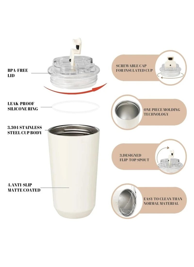 smeg - كوب قهوة، كوب سفر معزول بالفراغ، كوب مقاوم للتسرب مع غطاء، قارورة عازلة للفراغ بجدار مزدوج للمشروبات الساخنة والباردة في المنزل والمكتب والسيارة (قطعتان باللون الأبيض) - Image 1