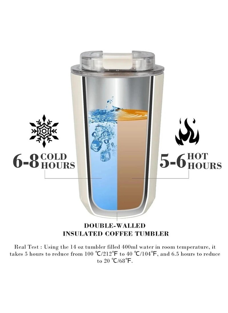 smeg - كوب قهوة، كوب سفر معزول بالفراغ، كوب مقاوم للتسرب مع غطاء، قارورة عازلة للفراغ بجدار مزدوج للمشروبات الساخنة والباردة في المنزل والمكتب والسيارة (قطعتان باللون الأبيض) - Image 1