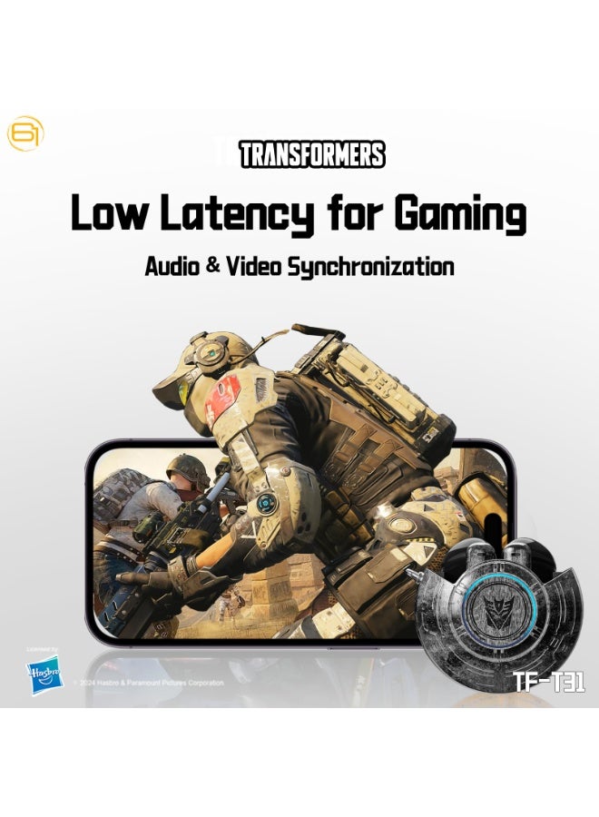 Transformers TF-T31 Bluetooth TWS Wireless Earbuds with Mechanical Shell Design Passive Noise Cancelling in-Ear Cool HiFi HD Calling Music Game Modes Low Latency Sports Earphones (Black - Megatron) - Image 5