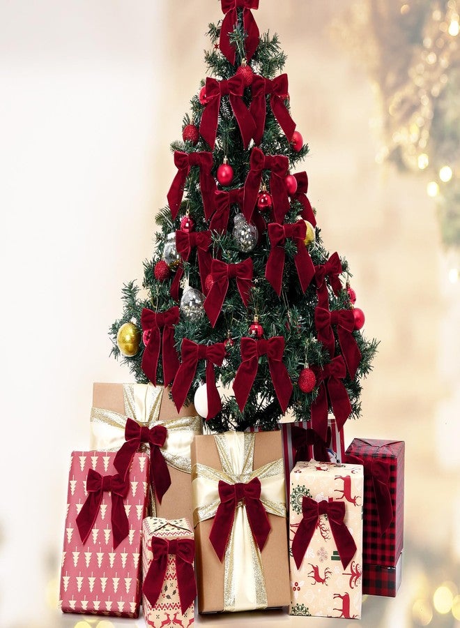 Glitinsel 30 Pcs Velvet Ribbon Bows 5" x 4" Pre Tied Christmas Velvet Bows with Twist Tie for Gift Packaging Christmas Tree Wreaths Door Windows Wedding Party Decoration(Burgundy - Image 3