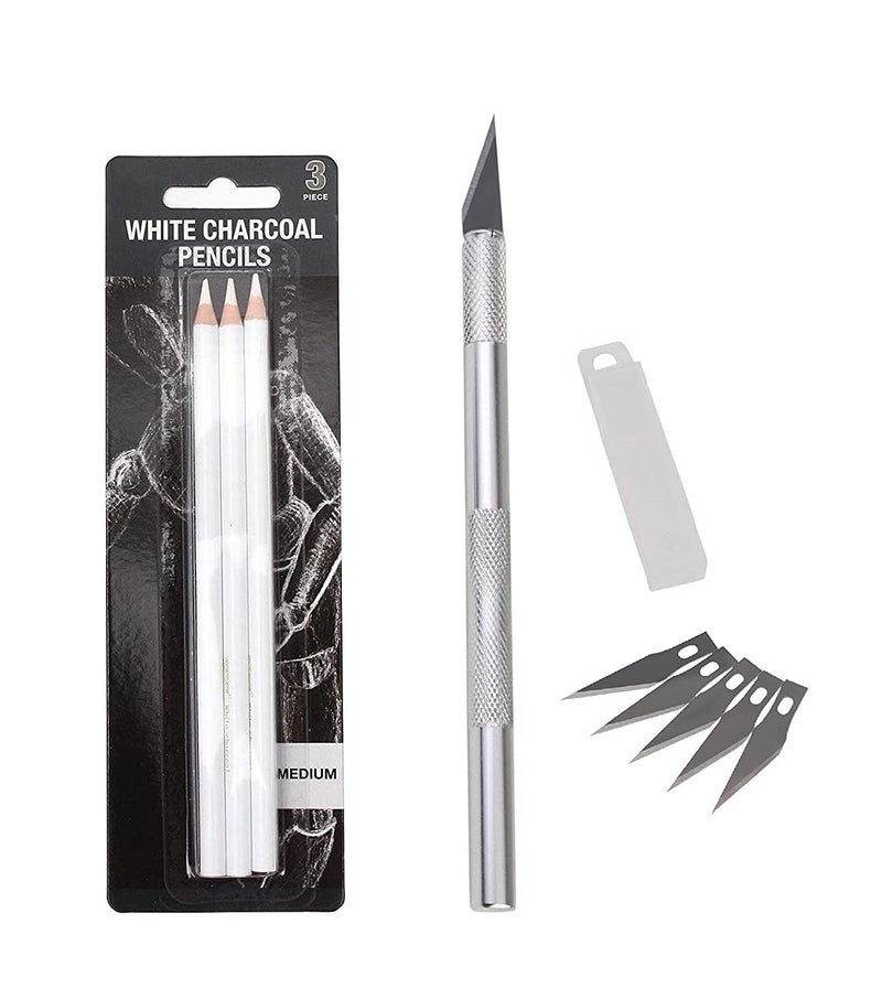 URBAN BOX 3Pcs Medium White Charcoal Pencils Graphite Drawing Painting Sketch Pencils With Detail Precision Pen Knife Sharpening Blade - Image 1