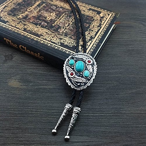 QUKE Blue Natural Turquoise Flower Pattern Bolo Tie Western Cowboy Vintage Handmade Genunie Leather - Image 2
