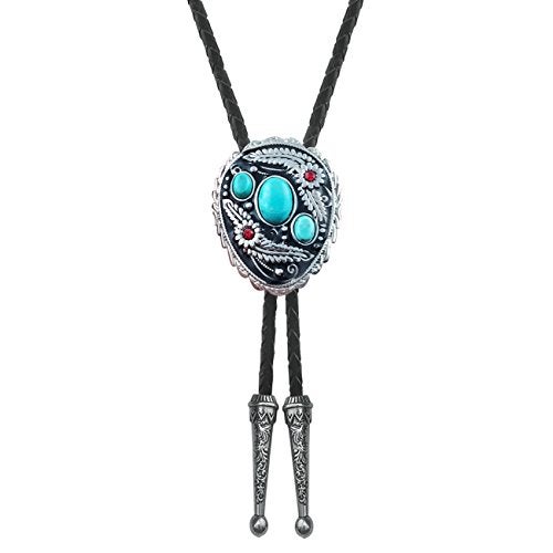 QUKE Blue Natural Turquoise Flower Pattern Bolo Tie Western Cowboy Vintage Handmade Genunie Leather - Image 1