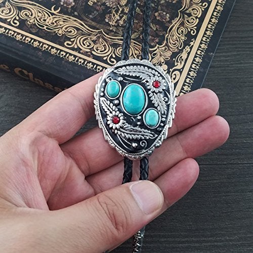 QUKE Blue Natural Turquoise Flower Pattern Bolo Tie Western Cowboy Vintage Handmade Genunie Leather - Image 4