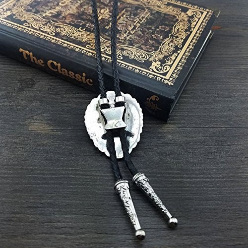 QUKE Blue Natural Turquoise Flower Pattern Bolo Tie Western Cowboy Vintage Handmade Genunie Leather - Image 3