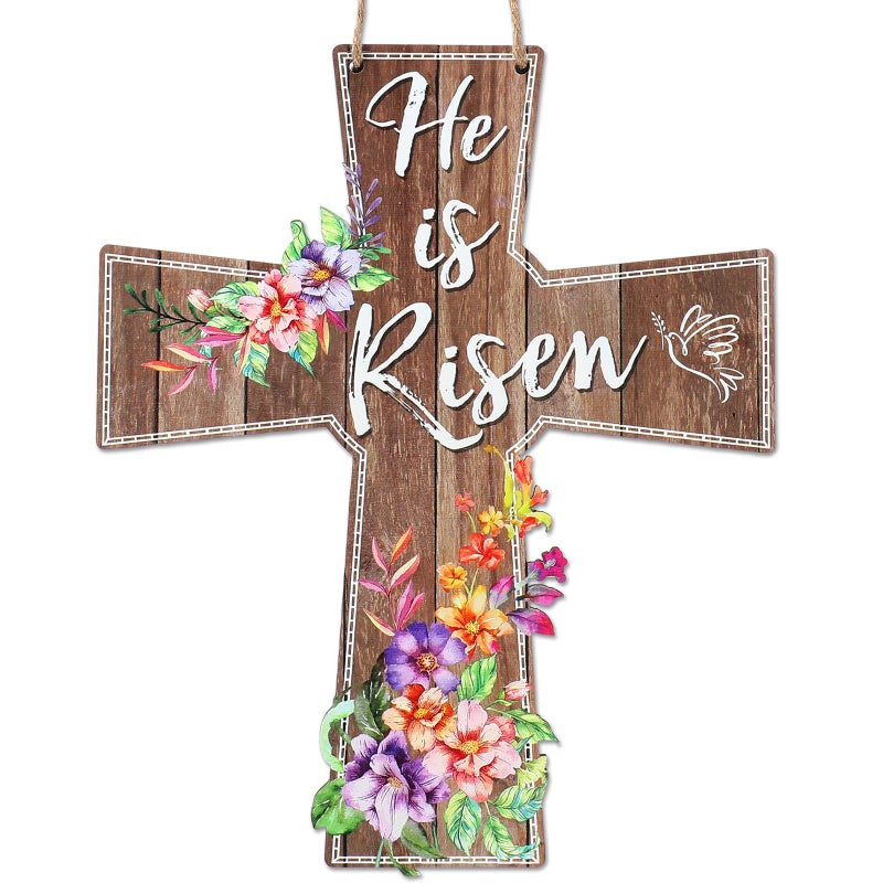 Yulejo He is Risen Door Hanger Wooden Easter Door Sign Floral Printed Cross Door Sign Religious Easter Hanging Door Decorations for Wall Home Indoor Outdoor Spring Decor Supplies 131x106 Inches