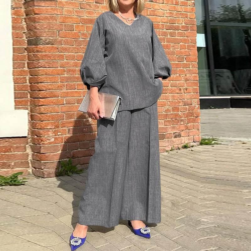 Casual Loose Clothing Fashion 2 Piece Trousers Set Womens Puff Sleeves Stylish Waist Solid Color Top and Pants suit Black - Image 3