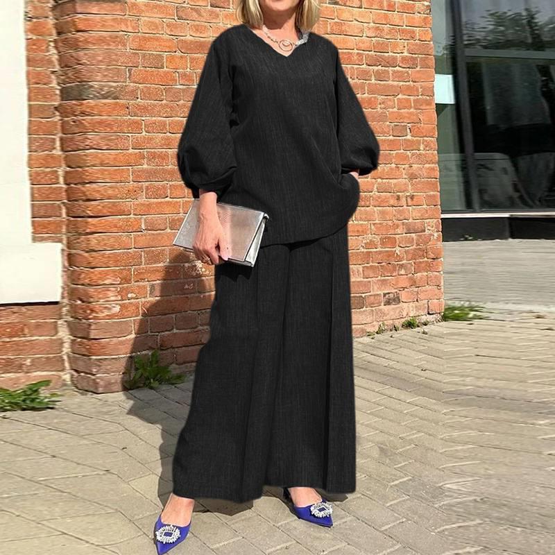 Casual Loose Clothing Fashion 2 Piece Trousers Set Womens Puff Sleeves Stylish Waist Solid Color Top and Pants suit Black - Image 1
