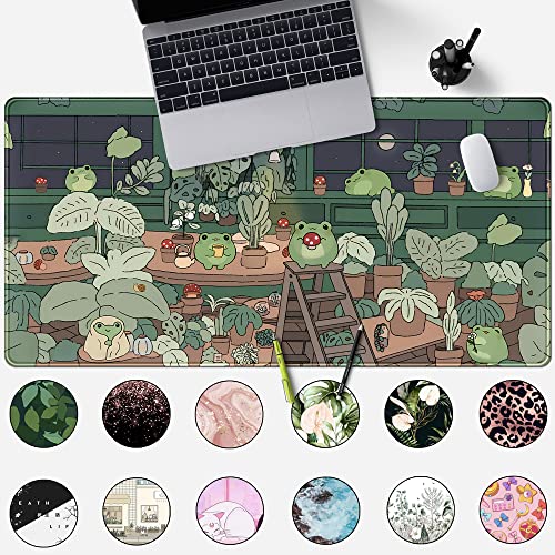Mechanical Cattle Cute Frog Kawaii Green Desk Decor Mat, Large Gaming Mouse Pad for Computer Keyboard Laptop, Home Office Accessories for Girl (31.5x15.7 in)-with Stitched Edges Pad - Image 2