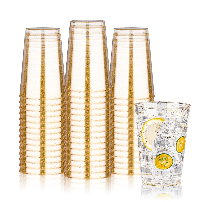 BESTVIP 12oz Gold Glitter Disposable Cups  100 Pack Gold Plastic Cups  Heavy-duty Party Cocktail Glasses  Plastic Cups for Party  Holiday  Wedding and Birthday - Image 1