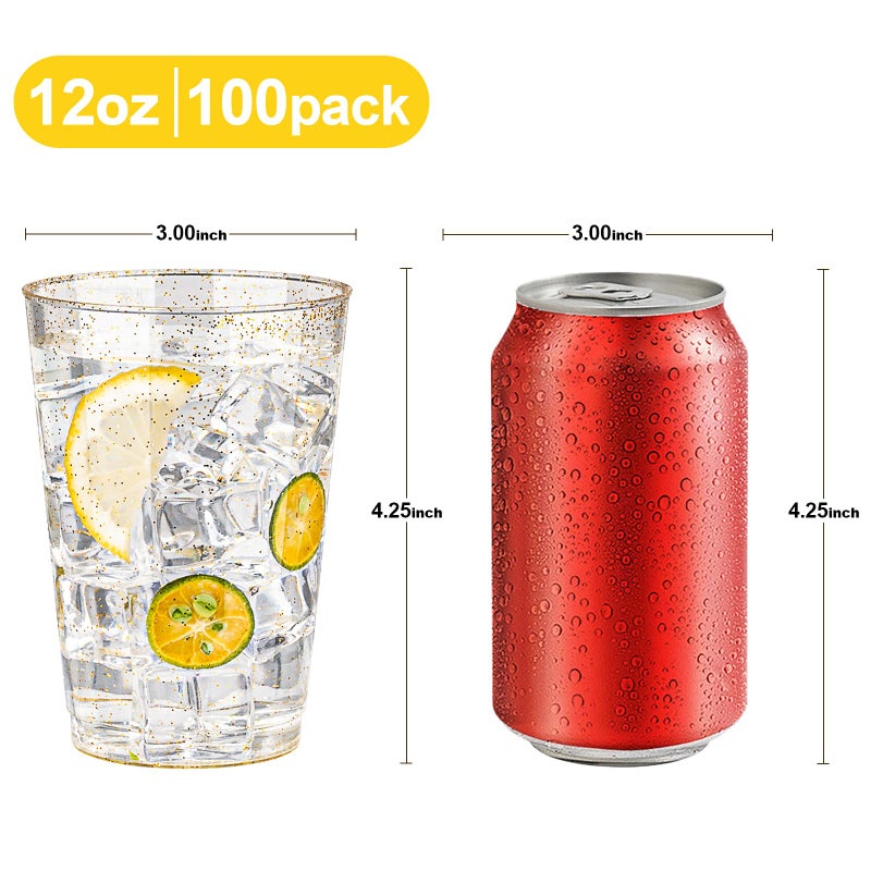 BESTVIP 12oz Gold Glitter Disposable Cups  100 Pack Gold Plastic Cups  Heavy-duty Party Cocktail Glasses  Plastic Cups for Party  Holiday  Wedding and Birthday - Image 2