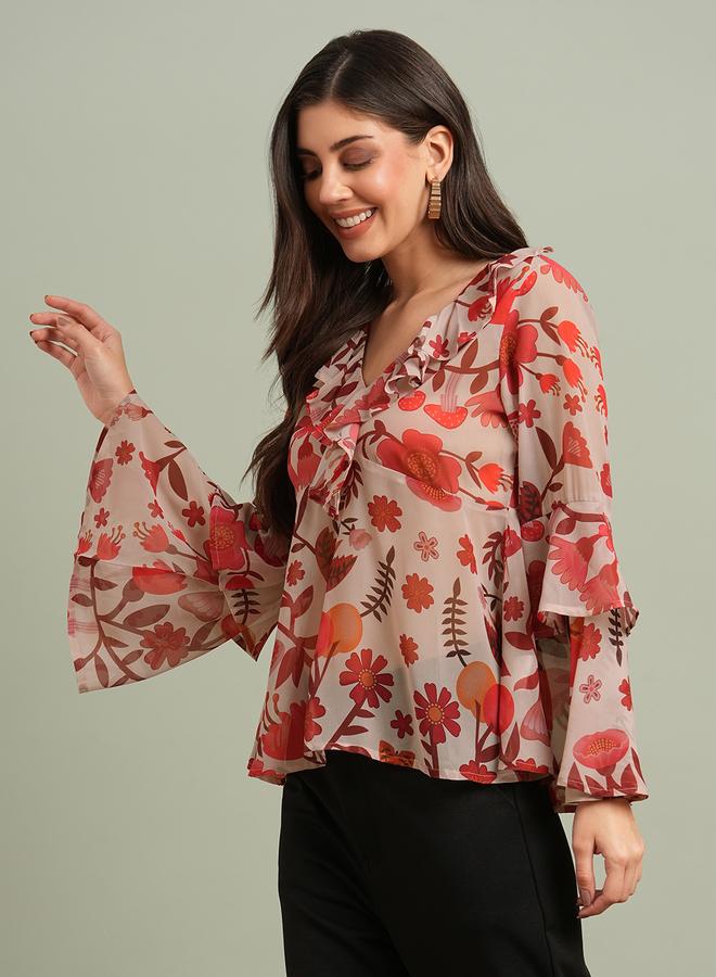جلو باص بلوزة بطبعة زهور وتفاصيل كشكش - Image 2