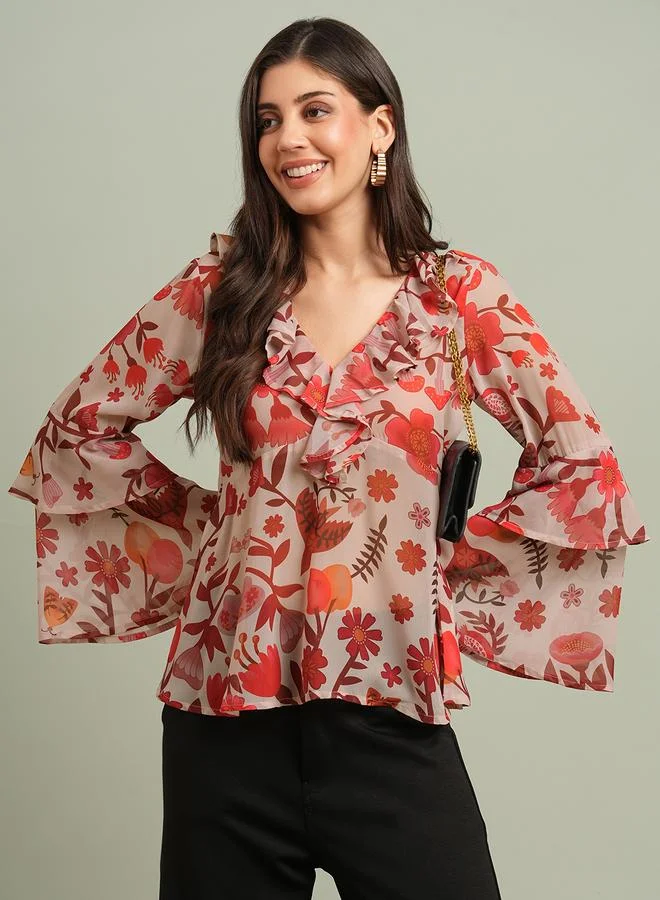 جلو باص بلوزة بطبعة زهور وتفاصيل كشكش