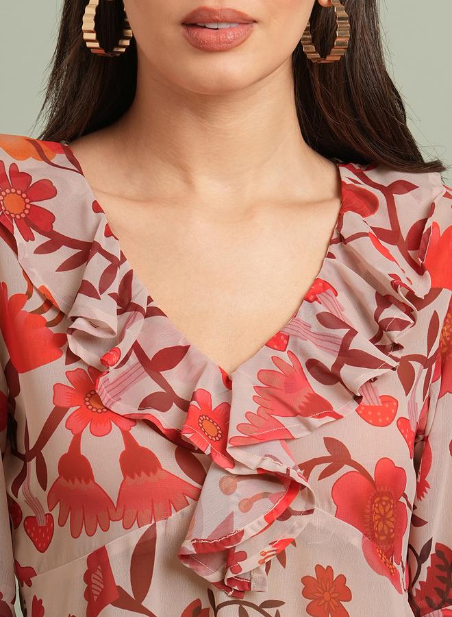 جلو باص بلوزة بطبعة زهور وتفاصيل كشكش - Image 4