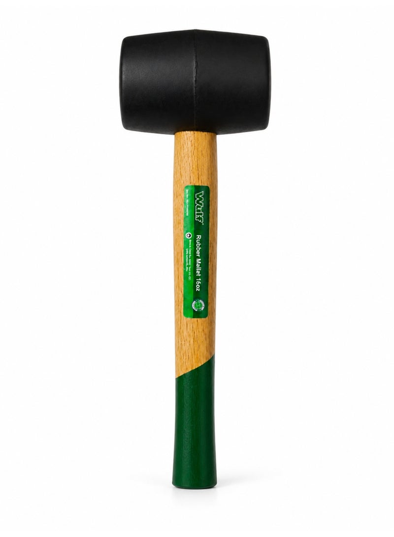 WULF Professional 16oz Rubber Mallet with Heavy-Duty Non-Marring Black Rubber Head & High-Strength Hardwood Handle, Soft Face Hammer for Construction, Paving, Industrial Assembly, Woodworking & DIY Repair - Image 1
