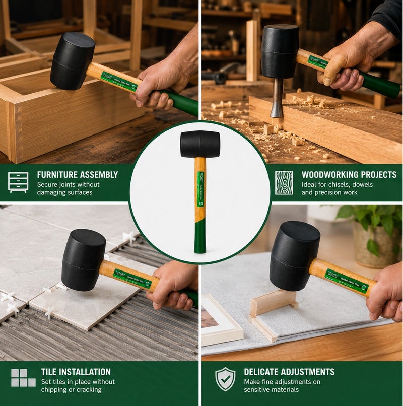 WULF Professional 16oz Rubber Mallet with Heavy-Duty Non-Marring Black Rubber Head & High-Strength Hardwood Handle, Soft Face Hammer for Construction, Paving, Industrial Assembly, Woodworking & DIY Repair - Image 2