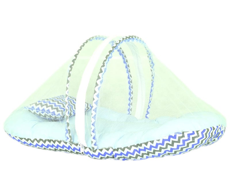 Kid's Charm Kids Charm MiniZigzag Baby Bed with Thick Mattress Mosquito Net with Zip Closure Neck Pillow Baby Bedding for New Born Zigzag Print Baby Sleeping Bed for 0 to 4 Months Babies Blue - Image 1