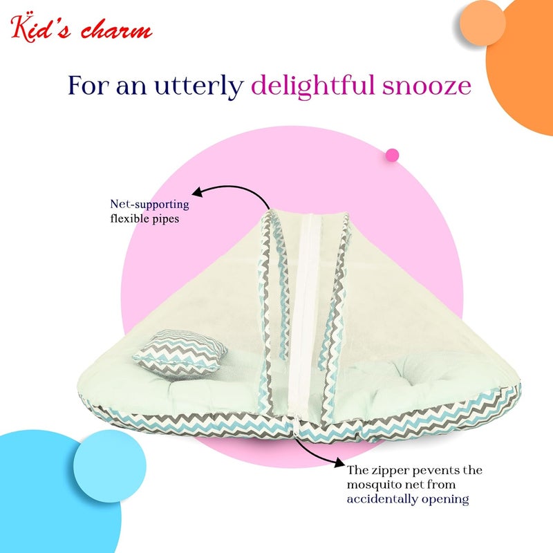 Kid's Charm Kids Charm MiniZigzag Baby Bed with Thick Mattress Mosquito Net with Zip Closure Neck Pillow Baby Bedding for New Born Zigzag Print Baby Sleeping Bed for 0 to 4 Months Babies Blue - Image 3
