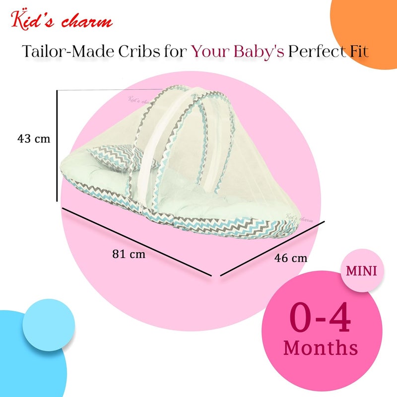Kid's Charm Kids Charm MiniZigzag Baby Bed with Thick Mattress Mosquito Net with Zip Closure Neck Pillow Baby Bedding for New Born Zigzag Print Baby Sleeping Bed for 0 to 4 Months Babies Blue - Image 2