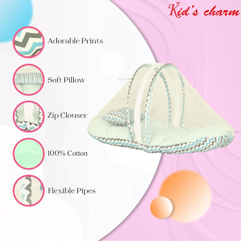 Kid's Charm Kids Charm MiniZigzag Baby Bed with Thick Mattress Mosquito Net with Zip Closure Neck Pillow Baby Bedding for New Born Zigzag Print Baby Sleeping Bed for 0 to 4 Months Babies Blue - Image 4