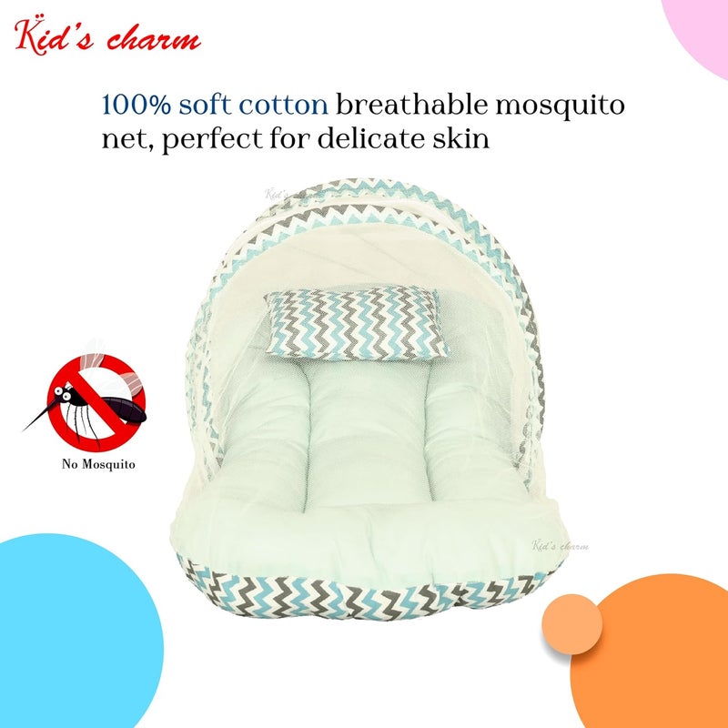 Kid's Charm Kids Charm MiniZigzag Baby Bed with Thick Mattress Mosquito Net with Zip Closure Neck Pillow Baby Bedding for New Born Zigzag Print Baby Sleeping Bed for 0 to 4 Months Babies Blue - Image 5