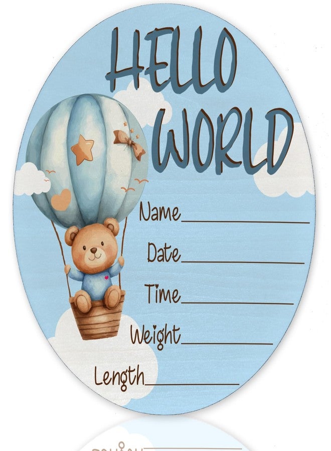 CLHHM Baby Announcement Sign, Blue Bear Hot Air Balloon Hello World Newborn Sign, Baby Shower Decorations, 6 Inch Wooden Nursery Decor Gift for Boys Girls, Birth Name Plaque - Image 1