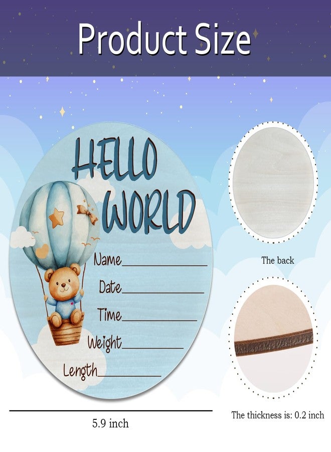 CLHHM Baby Announcement Sign, Blue Bear Hot Air Balloon Hello World Newborn Sign, Baby Shower Decorations, 6 Inch Wooden Nursery Decor Gift for Boys Girls, Birth Name Plaque - Image 2