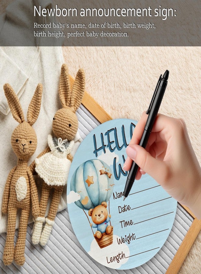 CLHHM Baby Announcement Sign, Blue Bear Hot Air Balloon Hello World Newborn Sign, Baby Shower Decorations, 6 Inch Wooden Nursery Decor Gift for Boys Girls, Birth Name Plaque - Image 4