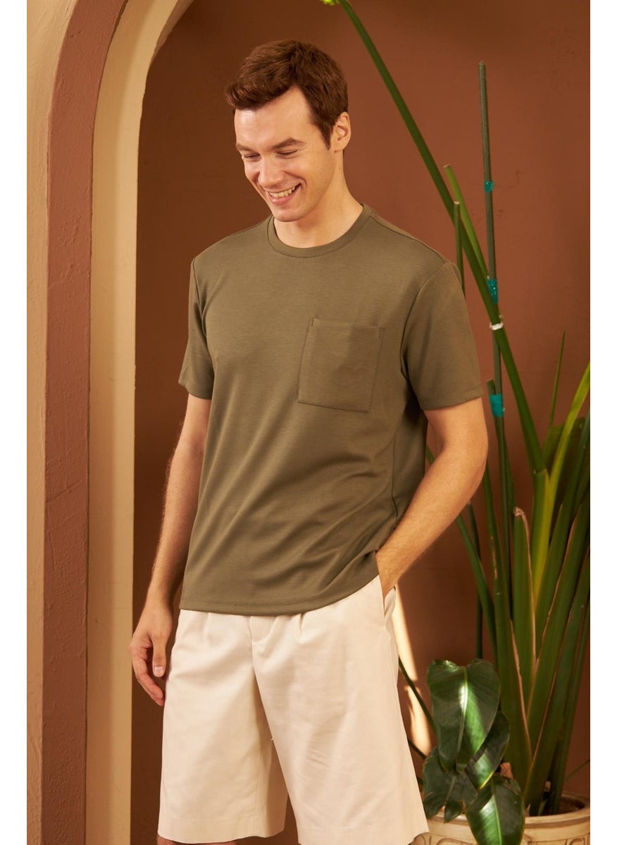 Odelon - Men's Comfort Fit Pocket T-Shirt Khaki MARS25 - Image 1
