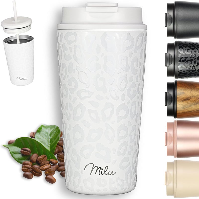 Milu Thermal Mug 300 ml, 400 ml, 500 ml - 100% Leak-Proof - Stainless Steel Coffee Mug to Go Insulated with Straw Keeps Hot for 10 Hours / 20 Hours Cold, BPA-Free (White Leopard, 500 ml) - Image 1