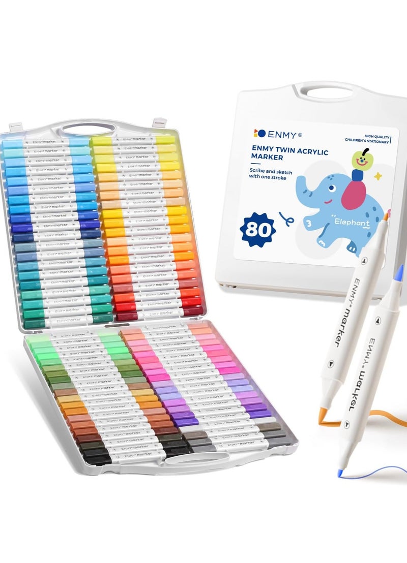 العدو مجموعة أقلام تلوين أكريليك مزدوجة الرأس من ENMY – 80 لونًا زاهيًا | حبر مائي قابل للغسل وسريع الجفاف، آمن وغير سام، خالٍ من الروائح | أقلام تلوين دقيقة وفرشاة مزدوجة للرسم على الزجاج، الخشب، القماش، الصخور، الفخار، واللوحات القماشية | مجموعة مثالية للرسم والحرف اليدوية وصنع الهدايا، مع حقيبة حمل محمولة مناسبة للأطفال والكبار - Image 1