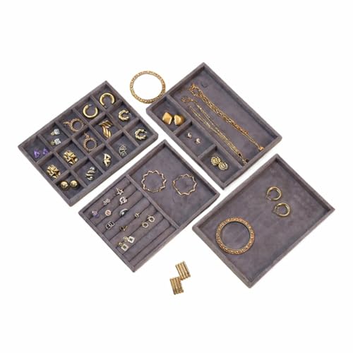 The Big Trove Jewellery Organizer Tray Set | Set of 4 Velvet Storage & Display Trays for Rings, Earrings, Bangles, Chains & Accessories | Drawer & Wardrobe Closet Organizer | Grey - Image 1