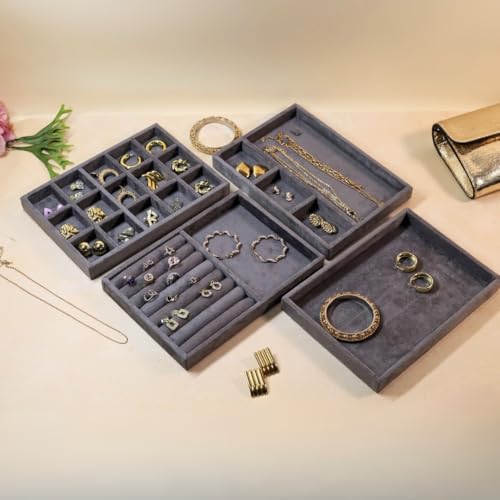 The Big Trove Jewellery Organizer Tray Set | Set of 4 Velvet Storage & Display Trays for Rings, Earrings, Bangles, Chains & Accessories | Drawer & Wardrobe Closet Organizer | Grey - Image 4