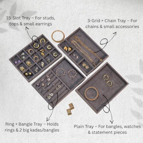 The Big Trove Jewellery Organizer Tray Set | Set of 4 Velvet Storage & Display Trays for Rings, Earrings, Bangles, Chains & Accessories | Drawer & Wardrobe Closet Organizer | Grey - Image 2