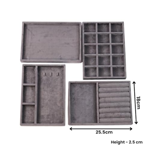 The Big Trove Jewellery Organizer Tray Set | Set of 4 Velvet Storage & Display Trays for Rings, Earrings, Bangles, Chains & Accessories | Drawer & Wardrobe Closet Organizer | Grey - Image 3