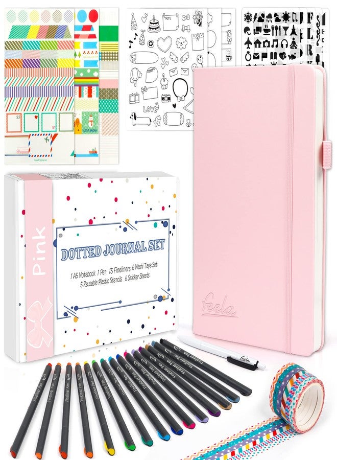 Feela Dotted Journal Kit Dot Grid Journal Hardcover Planner Notebook Set For Beginners Women Girls Note Taking With Journaling Supplies Stencils Stickers Pens Accessories A5 224 Pages Pink