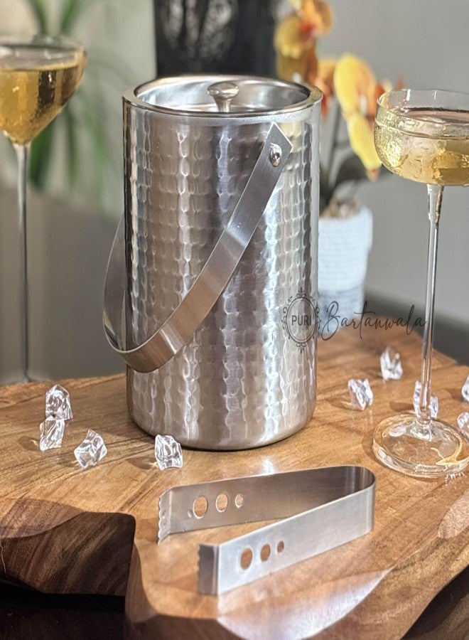 PURI Bartanwala - Prima Handmade Stainless Steel Double Wall Ice Bucket – Hammered/Matt Finish (with Tong) Capacity: 1500 ml - Image 4