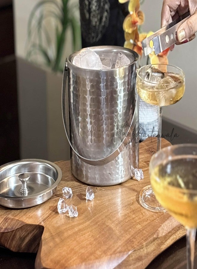 PURI Bartanwala - Prima Handmade Stainless Steel Double Wall Ice Bucket – Hammered/Matt Finish (with Tong) Capacity: 1500 ml - Image 1