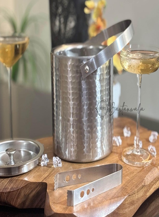 PURI Bartanwala - Prima Handmade Stainless Steel Double Wall Ice Bucket – Hammered/Matt Finish (with Tong) Capacity: 1500 ml - Image 3