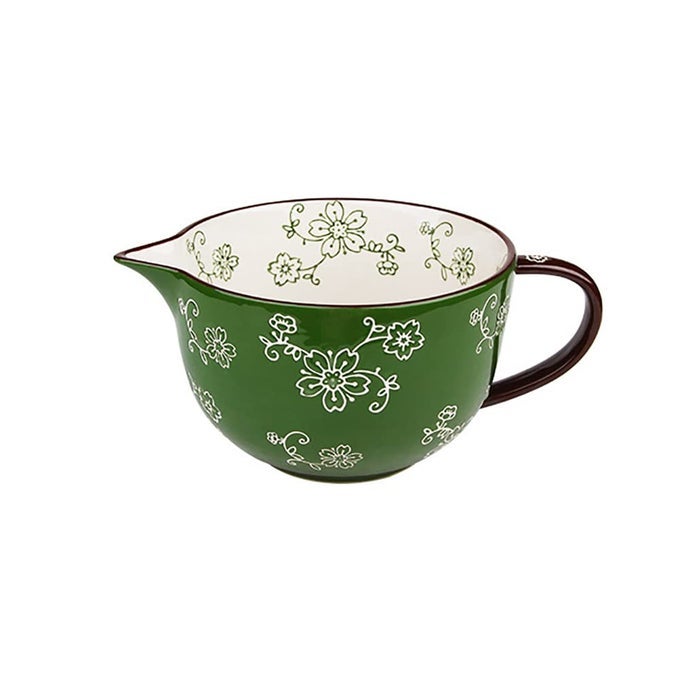 CHERRY BLOSSOM PATTERN KITCHEN CERAMIC MIXING BOWL 05 QUART LARGE BOWL WITH POURING SPOUT AND HANDLE