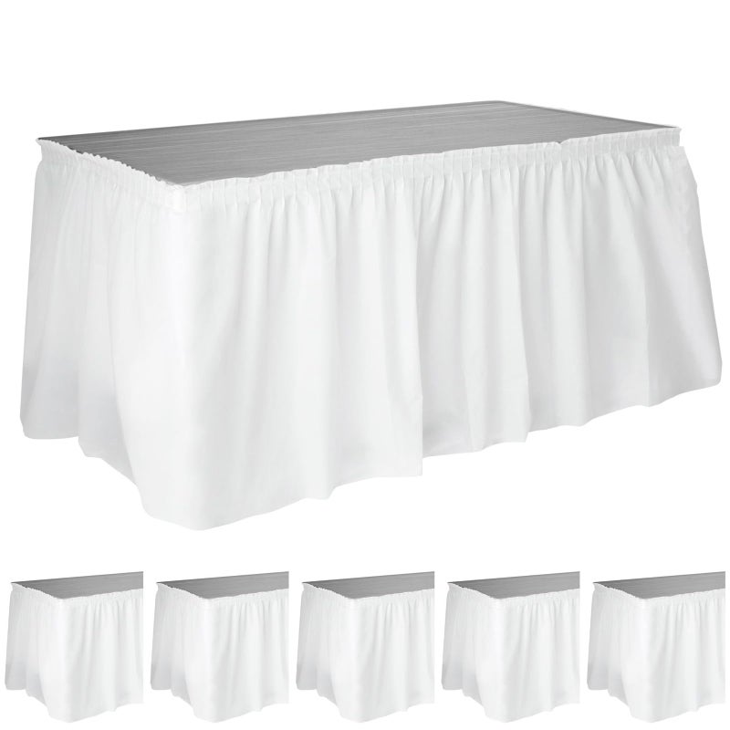 Juvale 6 Pack White Table Skirt for Rectangle Tables 29 in x 14 ft Disposable Plastic Table Skirts for Wedding Engagement Party Baby Shower Fits Tables Up to 8 ft Long