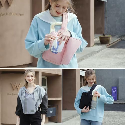 MYHOZEE 2 in 1 Crossbody Bags for Women Men Sling Diaper Bag Backpack Purse Nylon Cross Body Bag for Woman with Water Bottle Pocket and Wipes Pouch Large Front Chest Shoulder Bag Purses Fanny Packs, Grey - Image 2