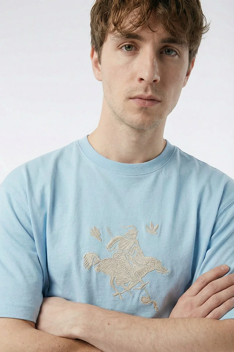 SNITCH Light Blue Embroidered Short Sleeve Regular Fit T-Shirt