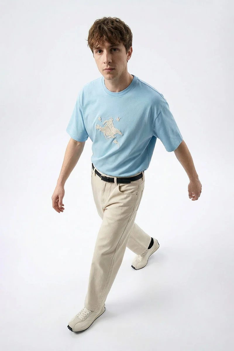 SNITCH Light Blue Embroidered Short Sleeve Regular Fit T-Shirt