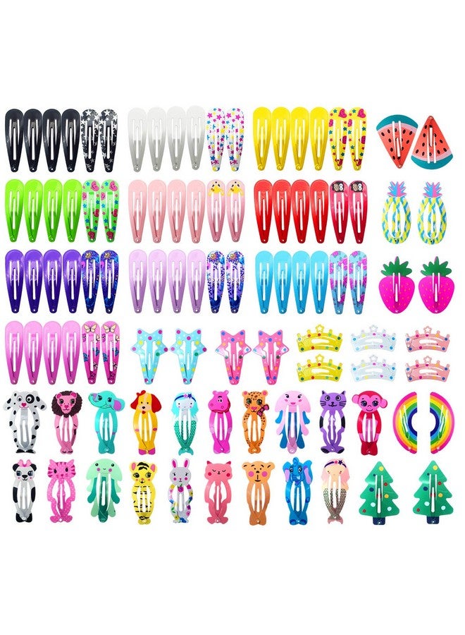 Ash & Roh® Hair Clips for Girls,100 Pcs No Slip Metal Snap Hair Clips Barrettes for Kids Teens Women, Cute Candy Color Cartoon Design Hair Pins (Animals Fruits Crowns Stars) - Image 1