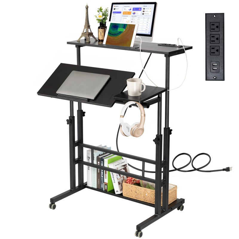 Hadulcet Stand UpAdjustable Mobile Standing Laptop Desk  Rolling Computer Cart with Wheels  Charging Station TV Tray Small Drawing Desk